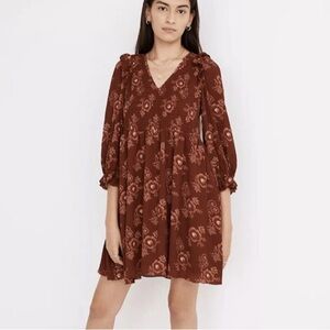 Madewell Brown V-Neck Sundress with 3/4 Bishop Sleeves🐻‍❄️🐻‍❄️